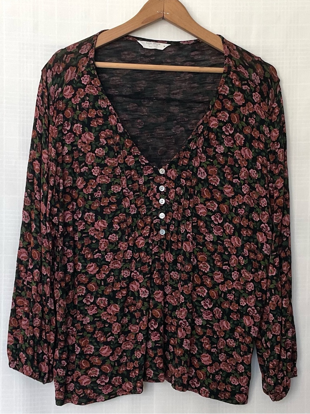 Lucky Brand Black Floral Button-Front V-Neck Top with Pink Roses
